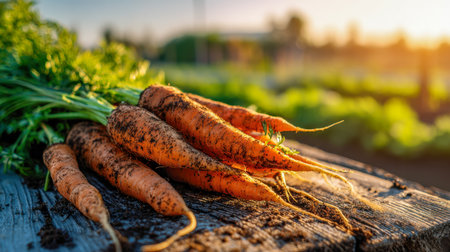 Vibrant root vegetables dusted with earth rest on aged wood, basking in warm sunlight with a lush garden scene in the backdrop, evoking harvest freshness.の写真素材