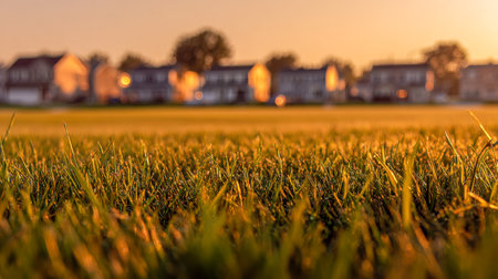 A lush green expanse bathes in gentle sunset glow, with distant suburban homes and leafy trees softly fading into a tranquil, warm-toned horizon.の写真素材