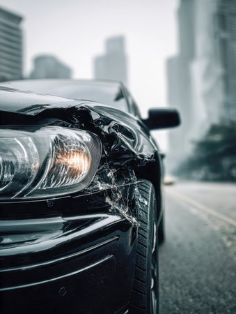 A noir-inspired scene featuring a sleek black vehicle marred by front-end damage, parked amidst a misty, rain-soaked city street as fog blurs the background.の写真素材