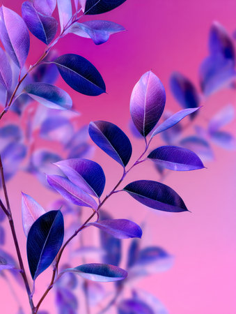 Delicate branches adorned with luminous purple and blue foliage set against a gentle pink gradient, evoking a magical, dreamlike garden ambiance.の写真素材