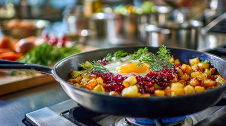 A hearty morning meal featuring golden fried potatoes, a perfectly sunny egg, fragrant dill, and a splash of bright berry glaze, all sizzling over an inviting open fの写真素材