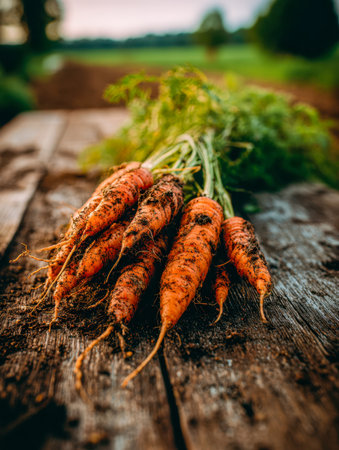 Sunlit scene of freshly dug carrots with lush green leaves resting on aged wooden planks, earthy and vibrant, capturing the essence of organic garden bounty.の写真素材