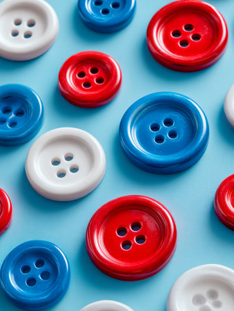 Brightly hued, reflective buttons in red, white, and blue form a lively, whimsical display on a blue backdrop, showing diverse sizes and a cheerful pattern.の写真素材