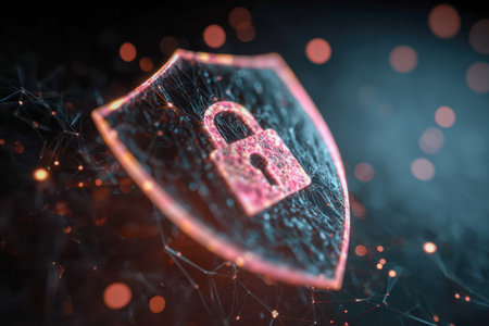 A sleek, luminous security emblem featuring a radiant padlock atop a protective barrier, set against a high-tech digital backdrop with vibrant data linkages.の写真素材