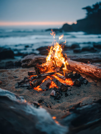 A cozy blaze lights up a sandy shoreline at dusk, casting a golden hue against gentle ocean waves and rugged rocks, perfect for tranquil outdoor escapes.の写真素材