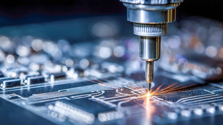 A high-tech laser tool meticulously etches complex designs onto a circuit board, creating luminous sparks and fine patterns crucial for innovative electronic devicesの写真素材