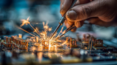 A focused technician delicately handles intricate circuitry, wielding fine soldering equipment that sparks brightly as they assemble and restore electronic componentの写真素材