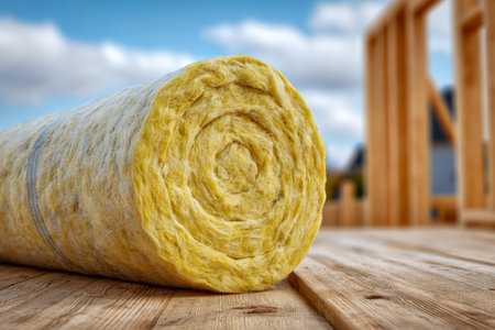 Bright yellow batts of insulation are placed atop unfinished wooden beams, set against a vibrant sky with fluffy clouds, ready to enhance building warmth and efficieの写真素材
