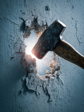 An aged sledgehammer shatters a concrete barrier, sending fiery sparks into the air, capturing the moment of radical change and progress in renovation.の写真素材