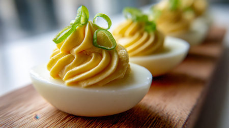 Creamy stuffed eggs topped with crisp green onion slices, arranged neatly on a rustic wooden platter under gentle natural light, with a softly blurred background.の写真素材
