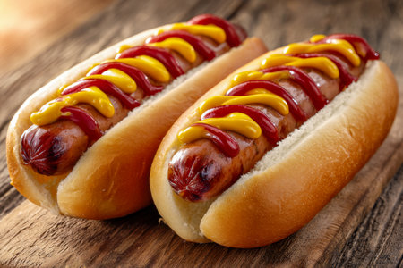 Juicy sausages nestled in pillowy buns, drizzled with lively streaks of mustard and ketchup, all set on a weathered wooden table for a relaxed meal vibe.の写真素材