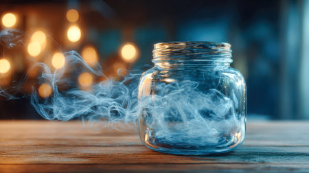 A clear glass container holds vibrant blue tendrils spiraling upward, set against a softly illuminated backdrop of amber glows; a scene shrouded in intrigue and alluの写真素材