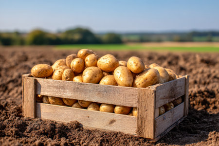 A rustic wooden basket brimming with newly dug potatoes rests on rich, tilled earth, with lush farmland softly blurred behind under a bright, cloudless sky.の写真素材