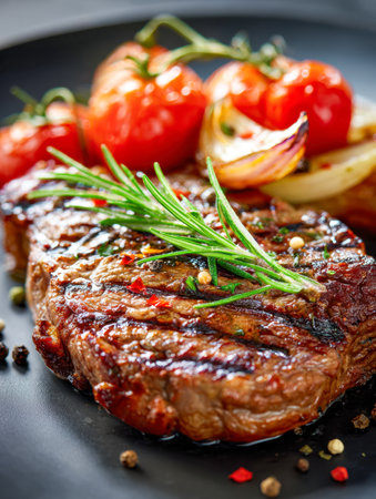 A perfectly seared steak topped with aromatic rosemary and cracked pepper, paired with juicy roasted cherry tomatoes and sweet caramelized onions on a sleek dark plaの写真素材