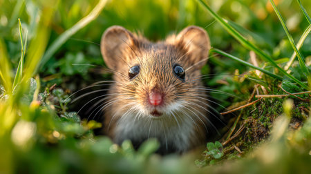 A tiny brown rodent anxiously surveys the vibrant greenery of its underground home, nestled amid lush grass and leaves in a peaceful outdoor environment during dayliの写真素材