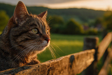 A curious tabby cat with striking stripes peers over an aged wooden barrier, illuminated by the golden glow of sunset, with a dreamy landscape softly blurred behind.の写真素材