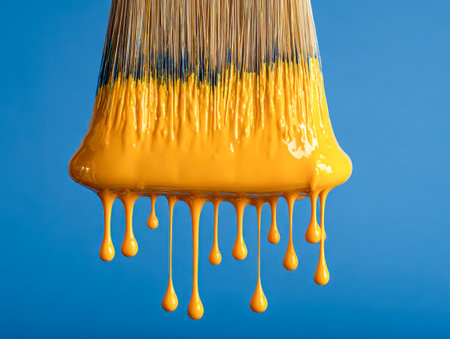 A solitary artist's brush releases a bold splash of sunshine yellow, streaking across a lively azure backdrop that sparks energy and inspiration for any creative endの写真素材