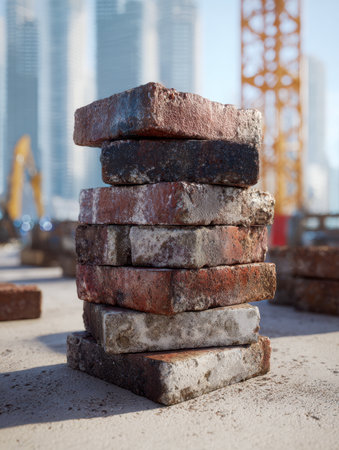 A row of aged bricks lies in the foreground, while distant skyscrapers and a crane fade into a bright, clear sky, capturing urban development on a sunny afternoon.の写真素材