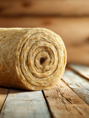 A cozy scene featuring a rolled piece of eco-friendly insulation laid atop aged wooden planks, with a softly blurred backdrop emphasizing rich textures and warm, invの写真素材