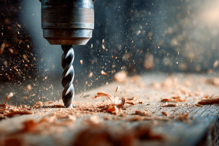 A drill bit in motion chips away at a wooden plank, producing fine shavings and dust amidst a busy workshop environment, capturing craftsmanship in action.の写真素材