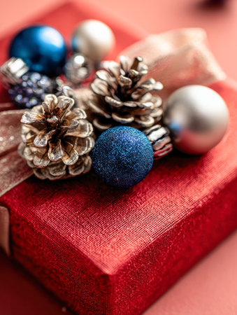 A vibrant holiday setting featuring a crimson gift box decorated with natural pine accents, a glaming gold ribbon, and dazzling blue and silver ornaments enhancingの写真素材