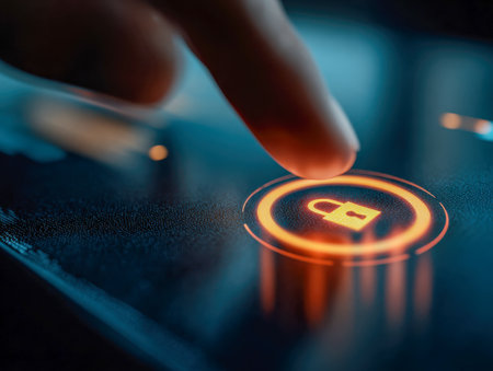 A fingertip activating a glowing digital padlock on a sleek, advanced touchscreen setup, evoking themes of digital security and modern data safeguarding.の写真素材