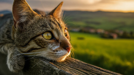 A pondering tabby feline leans gently on weathered wooden planks, gazing into a glowing sunset embrace amid lush rolling fields and vibrant greenery.の写真素材