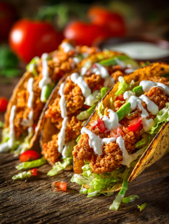 Juicy fried chicken wrapped in warm, golden corn shells, topped with crisp lettuce, juicy tomatoes, and a smooth white sauce, inviting a rustic charm.の写真素材