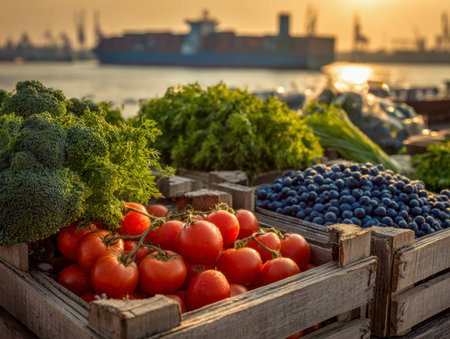 Vibrant produce and fragrant herbs are arranged in rustic crates at a seaside market, illuminated by warm sunset light with sailing vessels drifting in the distance.の写真素材