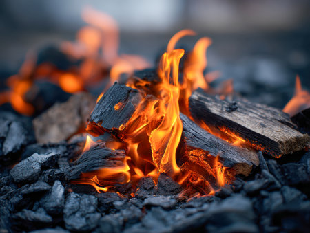 Flickering orange flames weave through smoldering timber, casting a warm glow amid glowing embers and scattered ashes, creating a cozy campfire scene in the wilderneの写真素材