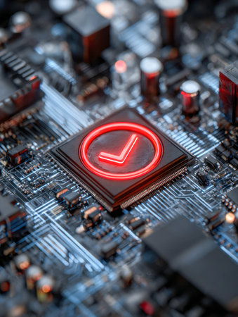 A detailed semiconductor board illuminated by sleek circuitry patterns, featuring a luminous red check mark on the processor, signifying system integrity and currentの写真素材
