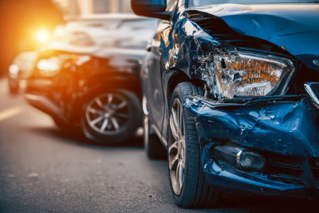 Bright sunlight bathes the scene as two cars meet abruptly on the highway, one's front end heavily crumpled, illustrating a recent impact and roadside aftermath.の写真素材