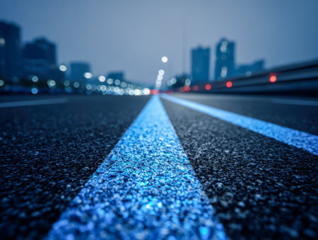 A dynamic perspective of a city street at night, featuring vivid blue lane accents.の写真素材