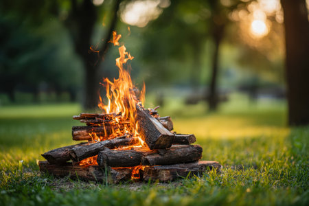 A cozy fire flickers on lush grass amid tall trees, bathed in golden hour light, evoking tranquility and warmth in a peaceful outdoor setting.の写真素材