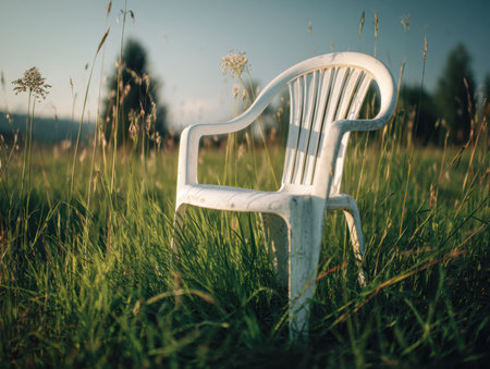 A solitary white chair rests amid lush, wild grass and vibrant blooms, bathed in bright sunlight, with soft-focus trees creating a peaceful, open-air scene.の写真素材