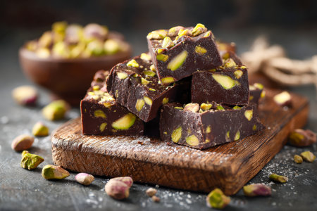 Decadent, glossy chocolates bursting with fresh pistachios are artfully layered on a textured wooden surface, inviting a moment of sweet luxury.の写真素材