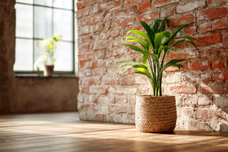 A lush green plant in a handcrafted basket rests on aged wooden planks, basking in warm sunlight against a rustic brick backdrop and expansive industrial windowの写真素材