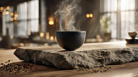 A cozy cafe scene featuring a fragrant tea steaming gently on a textured stone surface, surrounded by aromatic spices, with warm ambient lighting and a softly blurreの写真素材