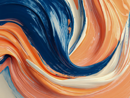 Vibrant, energetic movements of blue, orange, and cream hues intertwine in a swirling dance, forming a mesmerizing abstract pattern full of rich textures and livelyの写真素材