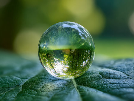 A clear glass orb captures vibrant forest reflections, resting gently on textured foliage bathed in warm daylight, evoking serenity and natural harmony.の写真素材