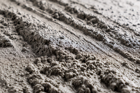 A close-up view reveals the intricate surface of wet concrete during setting, showcasing pronounced grooves, uneven ridges, and a gritty, tactile feel at a bustlingの写真素材