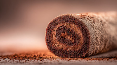 A luscious chocolate sponge roll, elegantly topped with a matte cocoa finish, lounges on an earthy textured surface under gentle, warm illumination, inviting indulgenceの写真素材