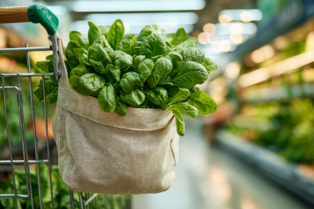 Vibrant spinach tucked into an eco-friendly bag drapes over a supermarket cart, amidst a luminous aisle filled with colorful, out-of-focus fruits and vegetables.の写真素材