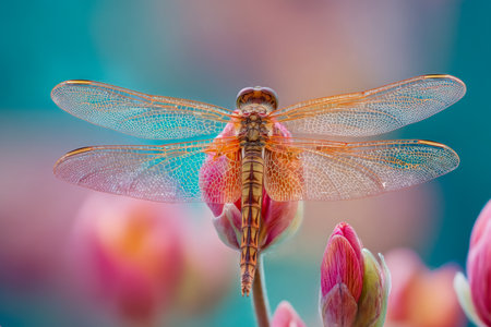 A fragile dragonfly with shimmering, see-through wings rests gently on bright pink flower buds, set against a blurred, ethereal backdrop of nature's serenity.の写真素材