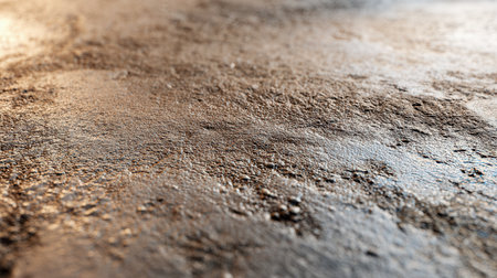 A close-up view of a rugged, earthy surface bathed in warm tones, featuring coarse grains, irregular weathered markings, and tiny stones scattered across its textureの写真素材