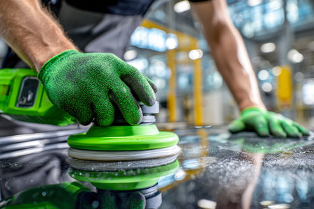 A skilled technician gently buffing a sleek black finish with an electric polisher, clad in vibrant green gloves, amidst a contemporary industrial workspace illuminaの写真素材