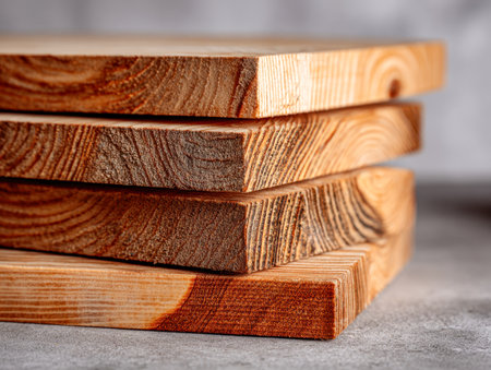 A tight view reveals rich, intricate wood grain patterns and warm hues, highlighting the craftsmanship and natural beauty of layered timber on a sleek surface.の写真素材