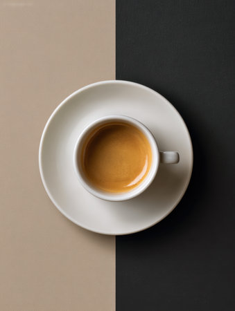 A sleek, white ceramic cup filled with rich espresso rests on a matching saucer, set against a stylish beige and black backdrop evoking modern simplicity.の写真素材