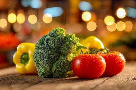 Vibrant produce arranged on a rustic wooden surface, accented by glistening droplets, set against a softly blurred warm-toned backdrop perfect for healthy lifestyleの写真素材