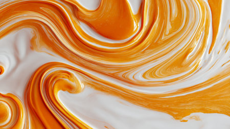 Liquid swirls of vibrant orange and pristine white blend seamlessly, forming a fluid, glossy canvas that exudes energy and grace through its vibrant, flowing design.の写真素材